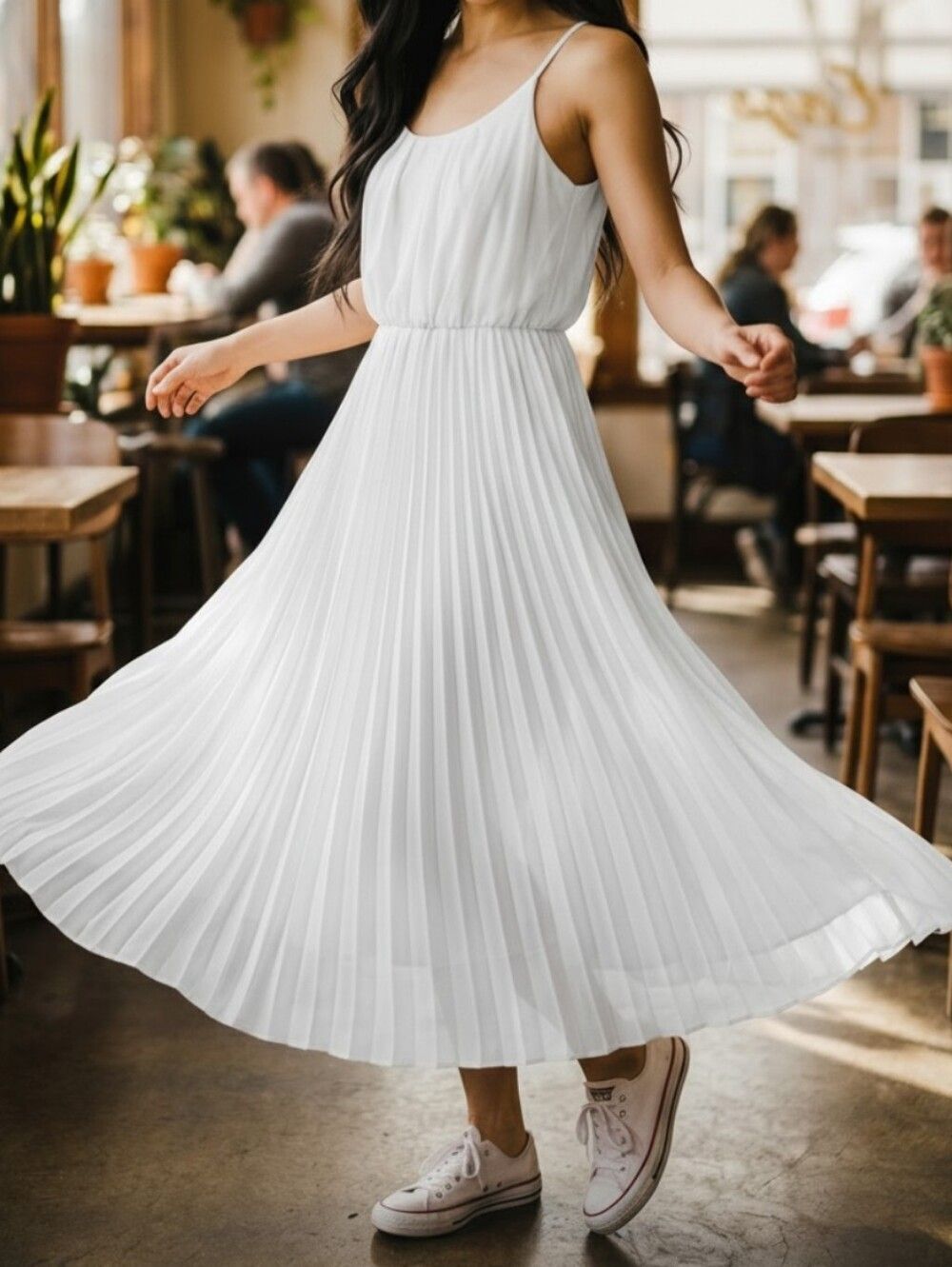Signature by Robbie Bee Pleated White Maxi Dress Strap Boho Cottagecore Size 10